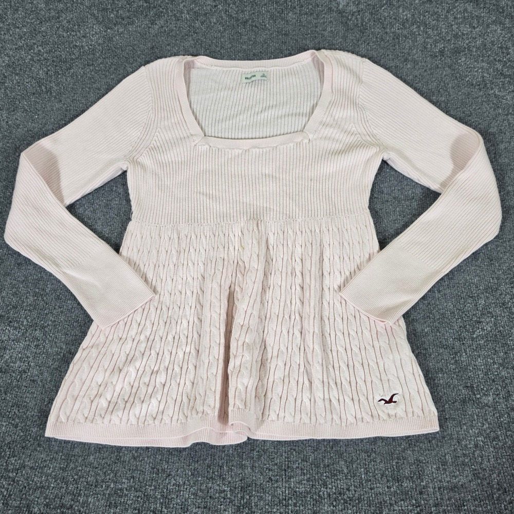 Hollister Women XL Pink Cable Knit Square Neck Babydoll Empire Waist Sweater